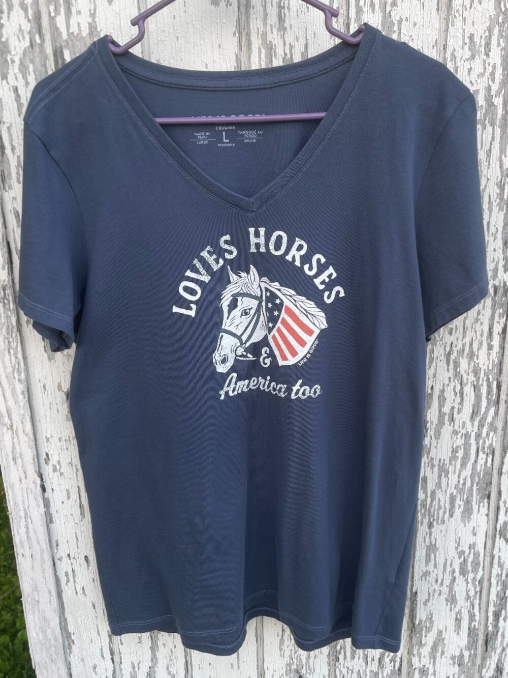Life is Good Crusher Navy Cotton Tee Loves Horses and America Too Size Large